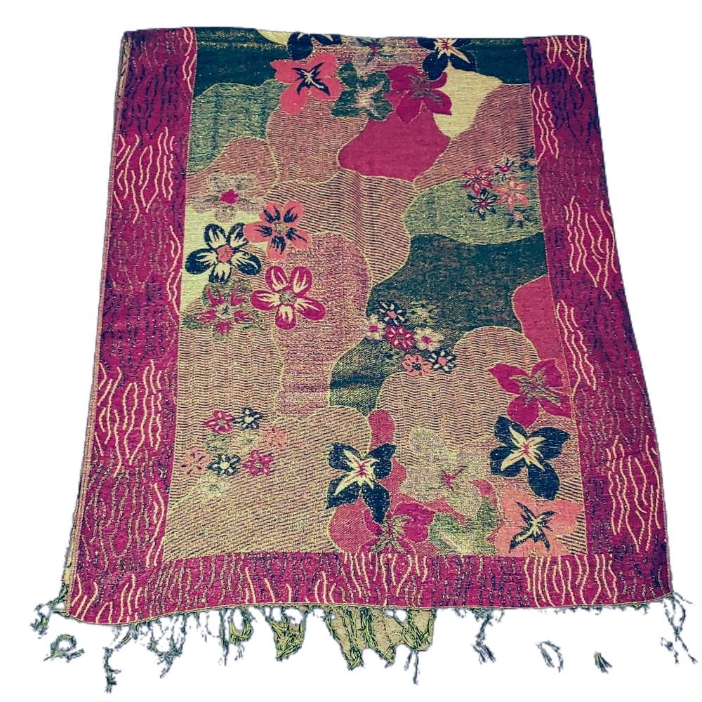Kaleidoscope Elegance: The Dazzling Dance of Multicolored Florals Fringe Shawl - Picture 2 of 4
